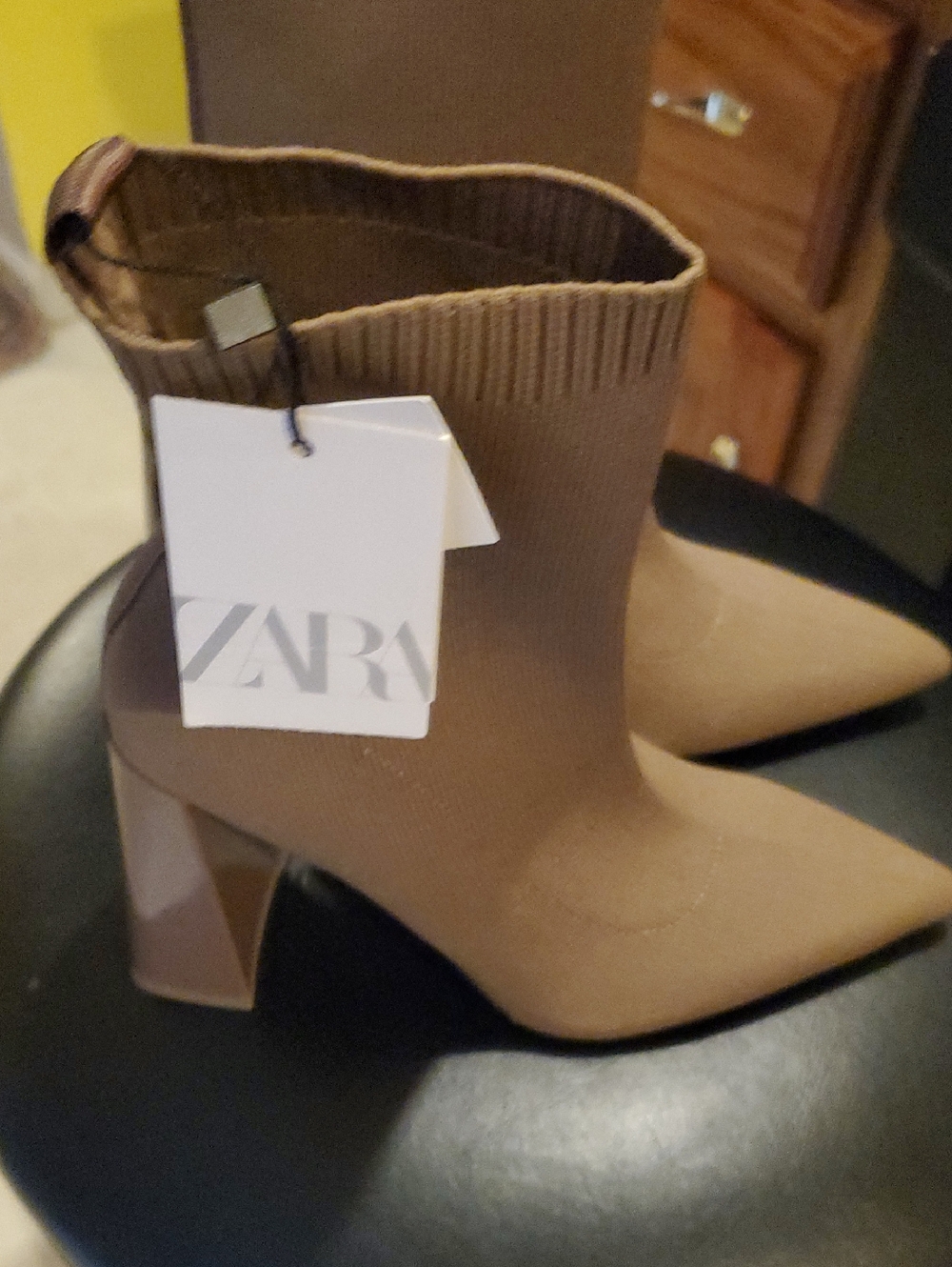 Zara Taupe Knit Sock Booties with Block Heel